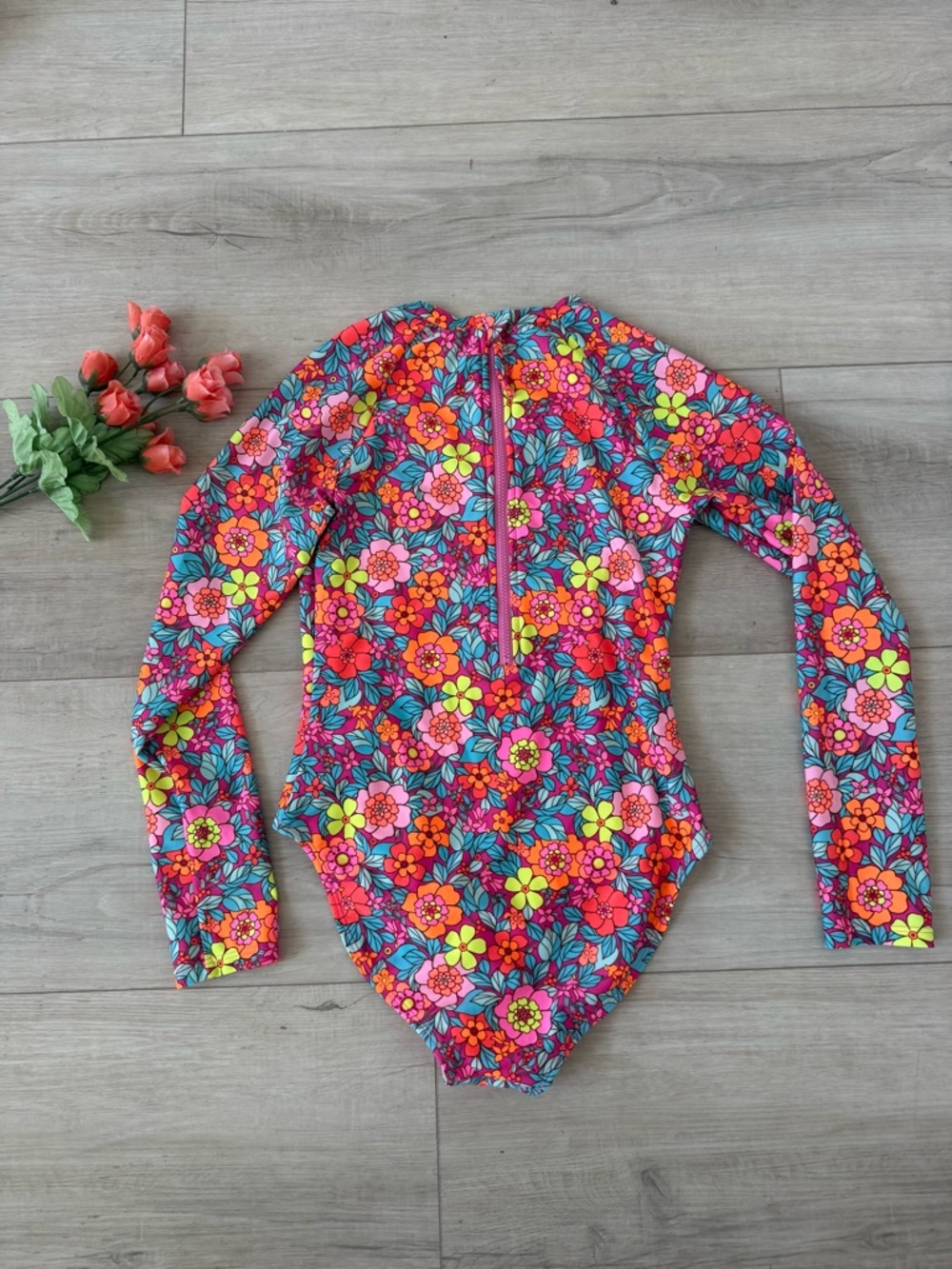Cat & Jack girls swimsuit size Large 10/12 long sleeve floral - Picture 3 of 3